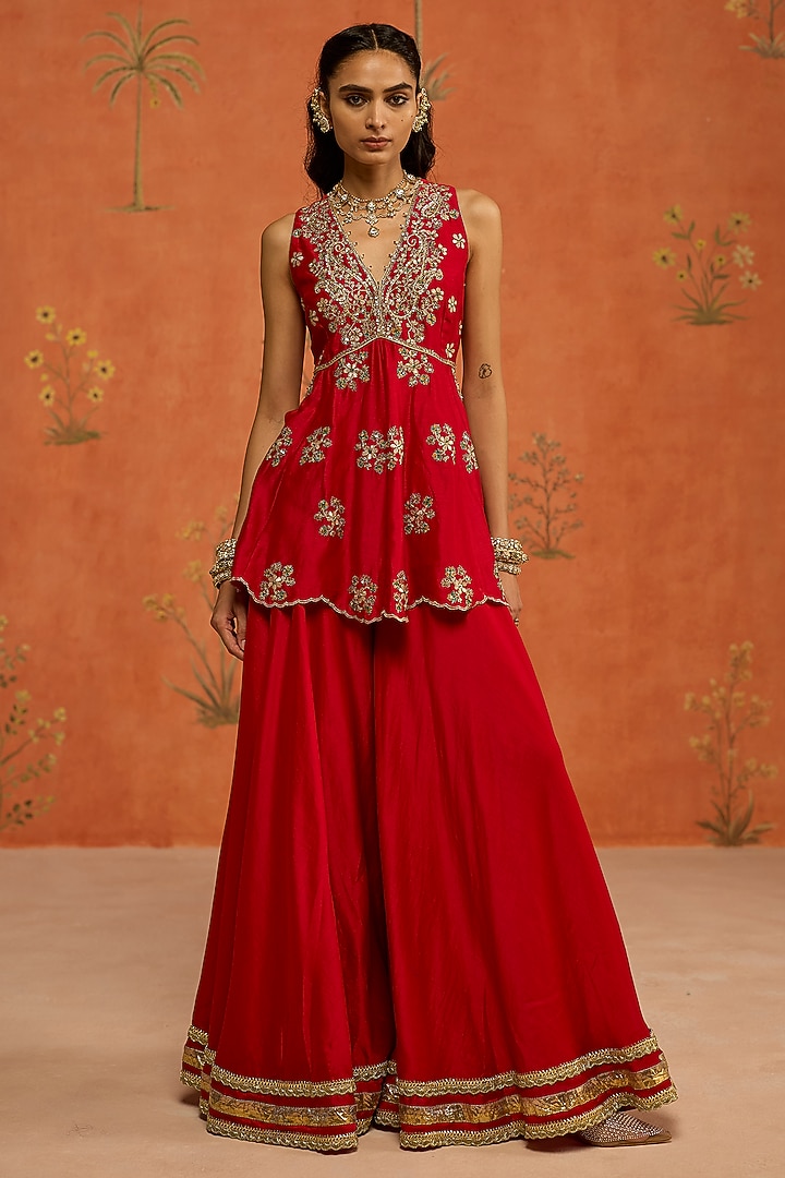 Red Silk Chanderi Gota Hand Embroidered Wedding Sharara Set by Shikha Mehta at Pernia's Pop Up Shop