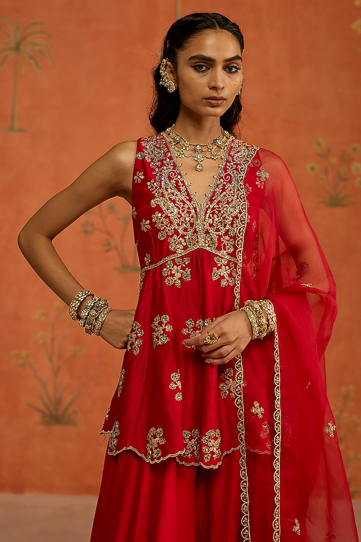 Red Silk Chanderi Gota Hand Embroidered Wedding Sharara Set by Shikha Mehta at Pernia's Pop Up Shop