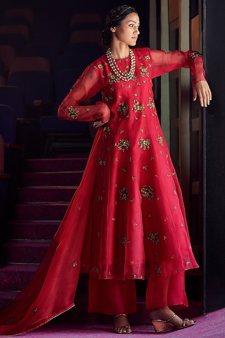 Berry Red Floral Embroidered Anarkali Set by Shikha Mehta