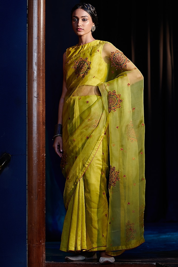 Lime Yellow Thread Embroidered Saree Set by Shikha Mehta