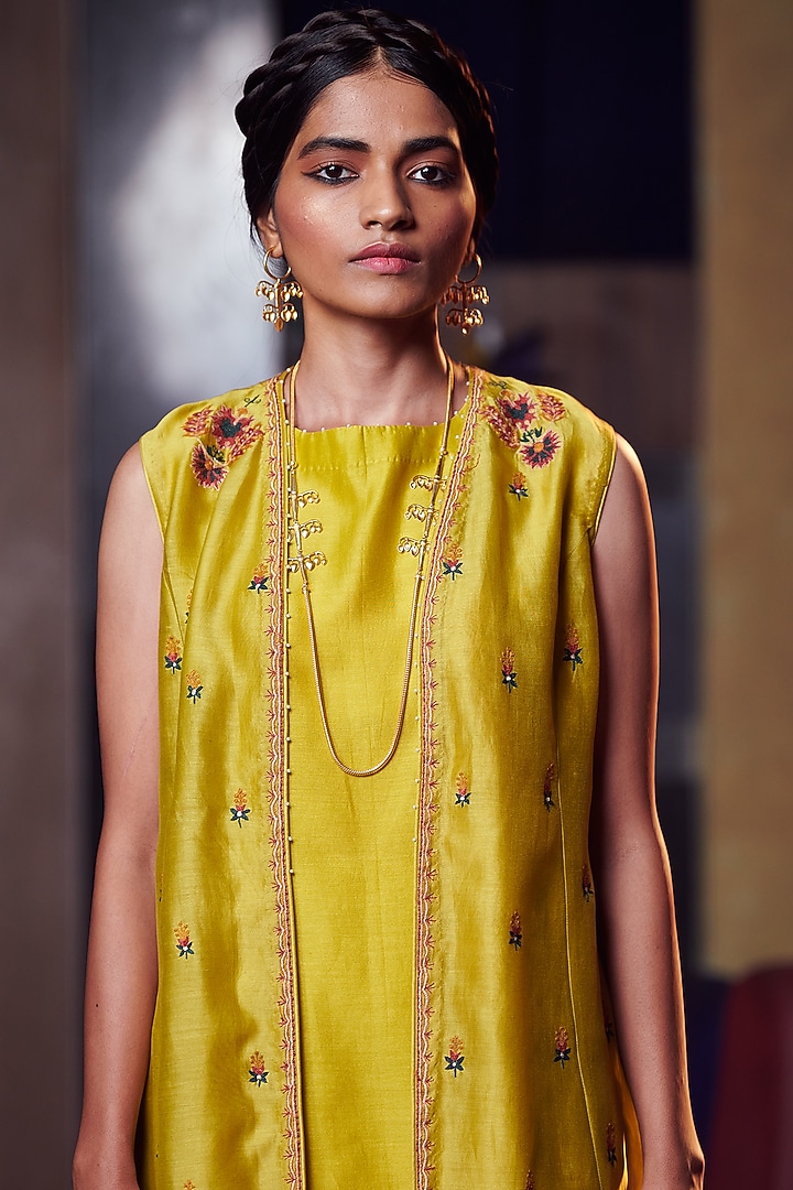 Lime Yellow Thread Embroidered Jacket Set by Shikha Mehta at Pernia's Pop Up Shop