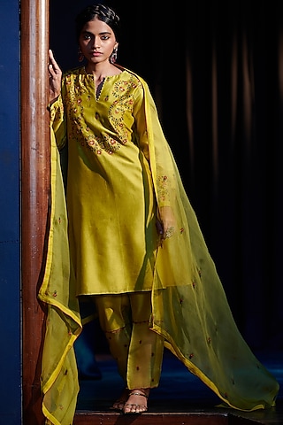 Lime Yellow Thread Embroidered Kurta Set by Shikha Mehta