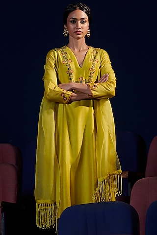 Lime Yellow Embroidered Kurta Set by Shikha Mehta