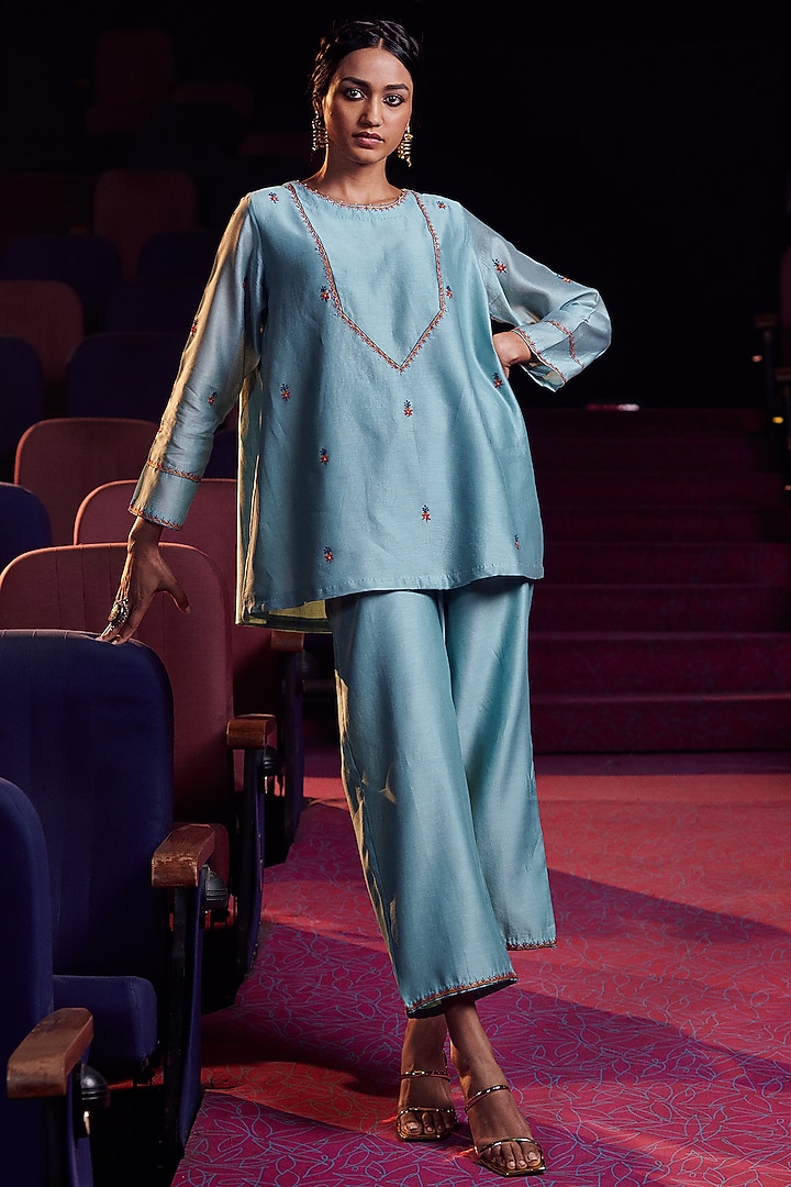 Sky Blue Embroidered Straight Pant Set by Shikha Mehta at Pernia's Pop Up Shop