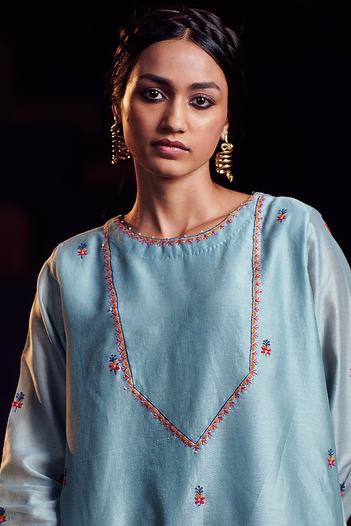 Sky Blue Embroidered Straight Pant Set by Shikha Mehta at Pernia's Pop Up Shop