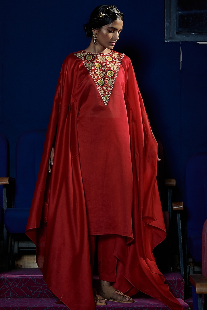 Berry Red Embroidered Kaftan Set by Shikha Mehta