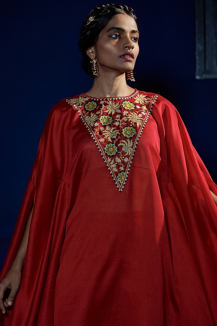 Berry Red Embroidered Kaftan Set by Shikha Mehta at Pernia's Pop Up Shop