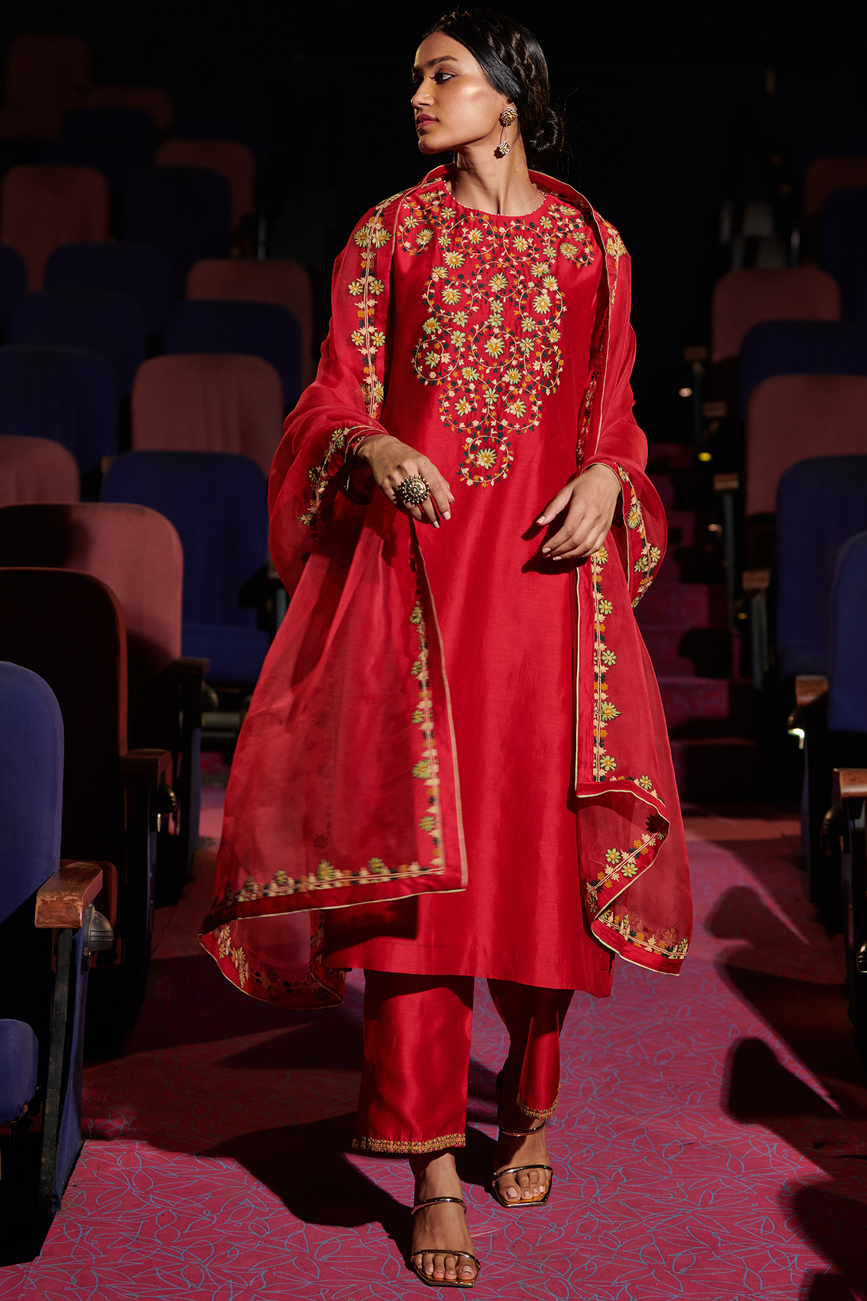 Berry Red Thread Embroidered Kurta Set by Shikha Mehta