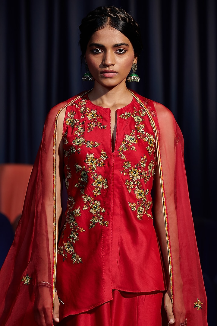 Berry Red Thread Embroidered Jacket Set by Shikha Mehta at Pernia's Pop Up Shop