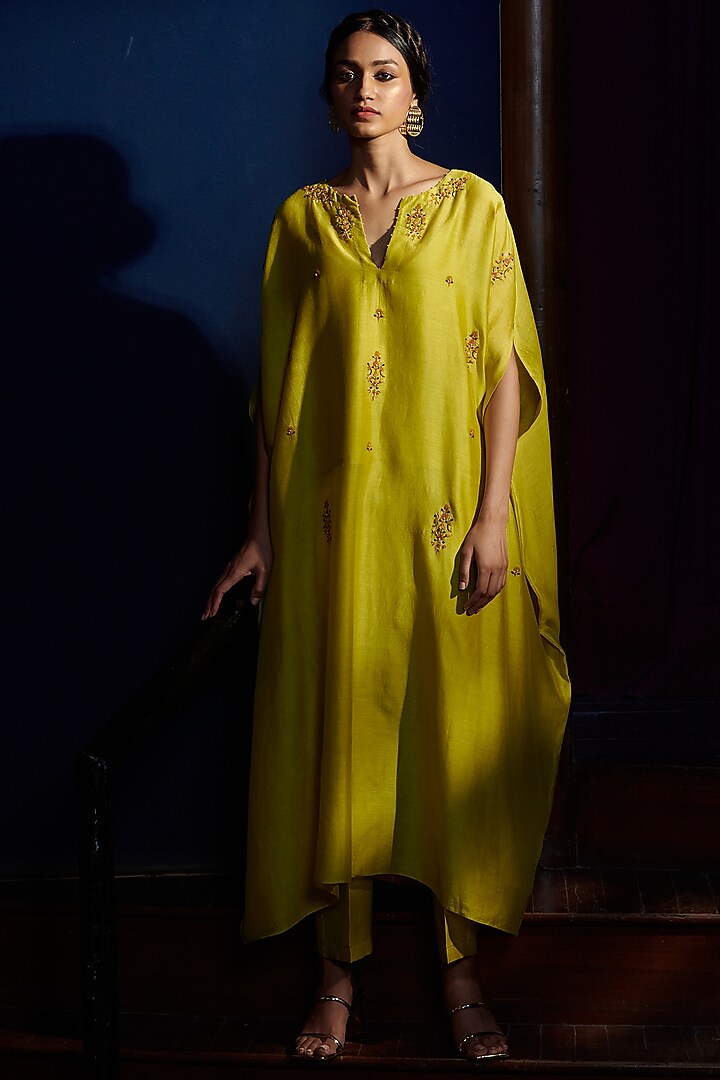 Lime Yellow Silk Chanderi Kaftan Set by Shikha Mehta