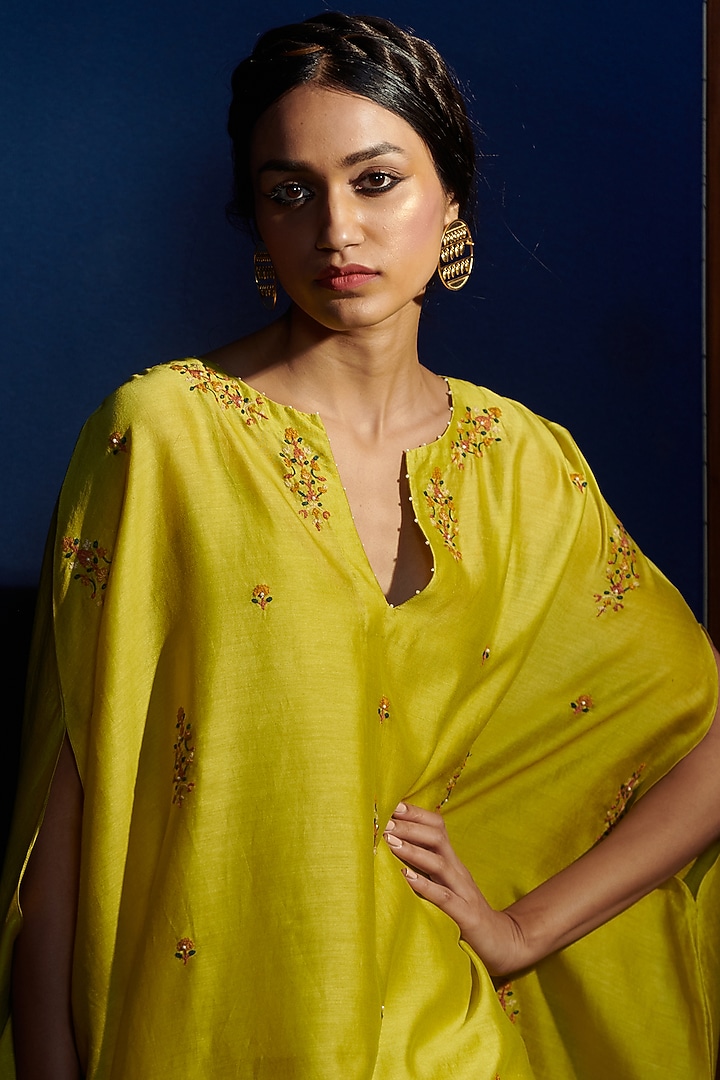 Lime Yellow Silk Chanderi Kaftan Set by Shikha Mehta at Pernia's Pop Up Shop