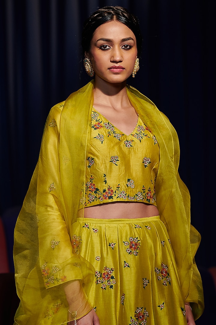 Lime Yellow Thread Embroidered Wedding Lehenga Set by Shikha Mehta at Pernia's Pop Up Shop