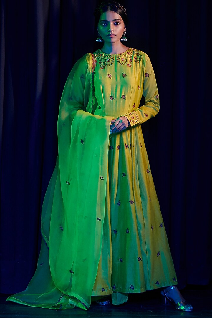 Lime Yellow Thread Embroidered Wedding Anarkali Set by Shikha Mehta at Pernia's Pop Up Shop