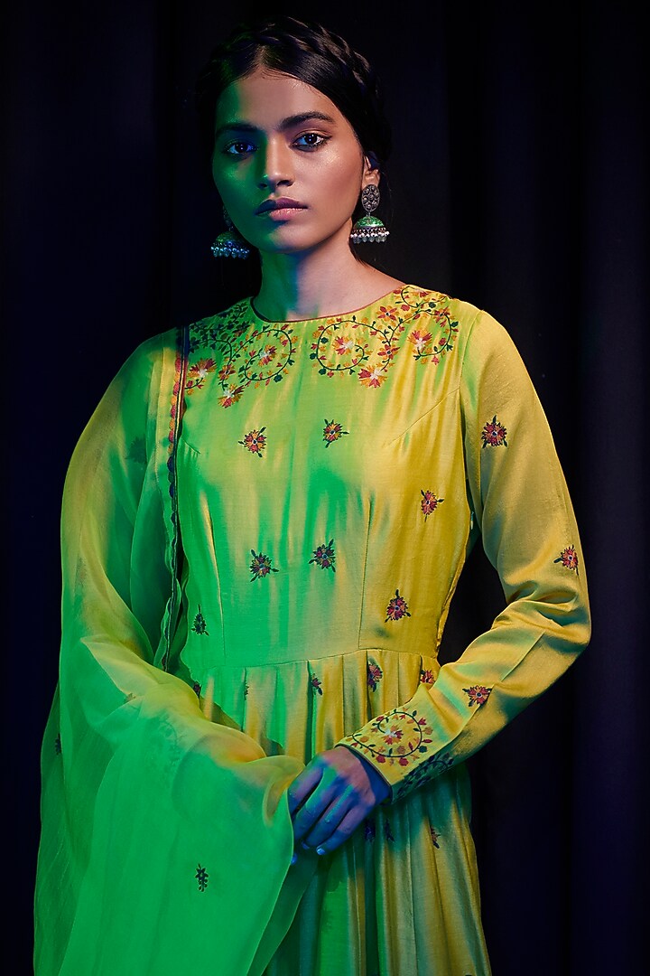 Lime Yellow Thread Embroidered Wedding Anarkali Set by Shikha Mehta at Pernia's Pop Up Shop