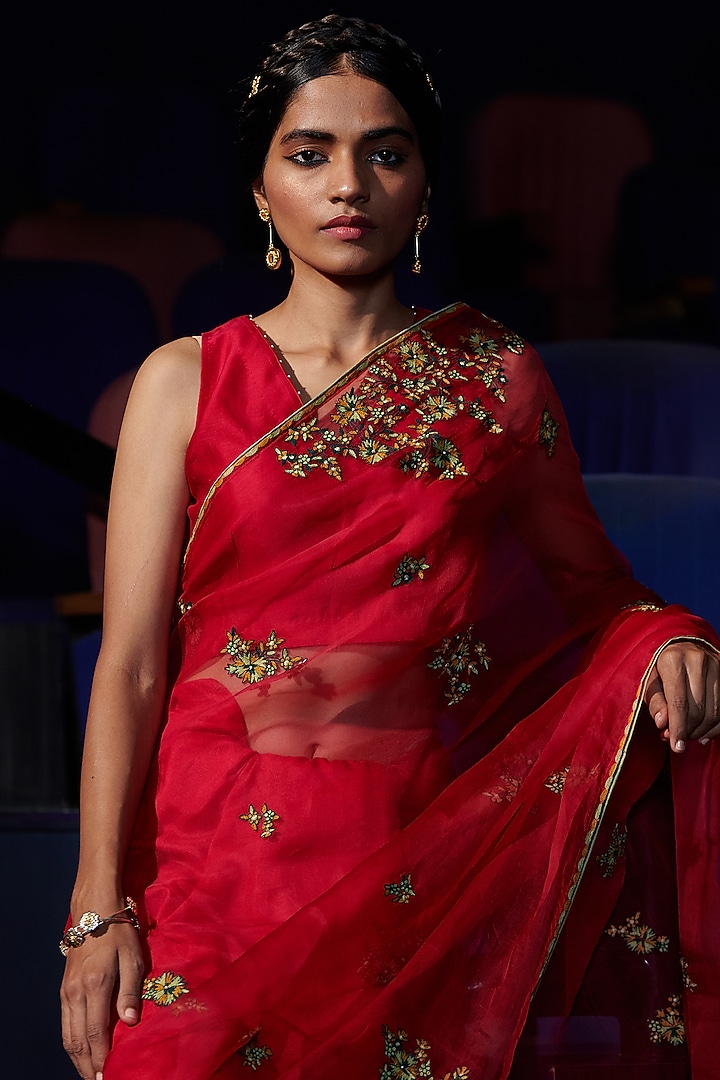 Berry Red Thread Embroidered Party Wear Saree Set by Shikha Mehta at Pernia's Pop Up Shop