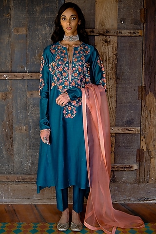 Teal Embroidered Kurta Set by Shikha Mehta