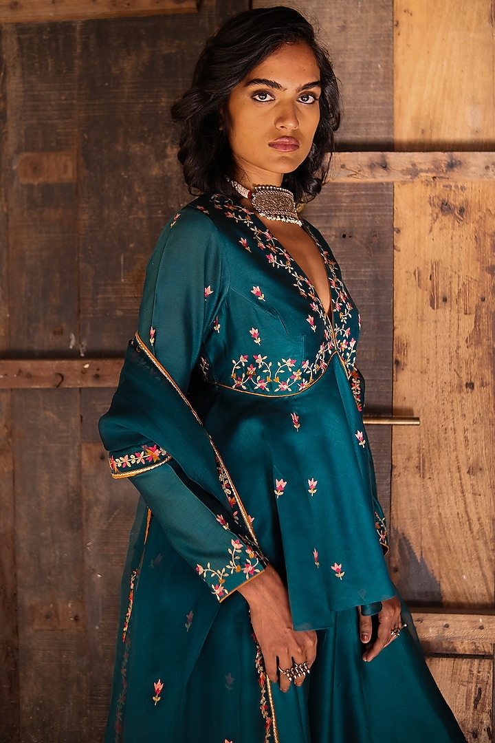 Teal Silk Chanderi Wedding Sharara Set by Shikha Mehta at Pernia's Pop Up Shop