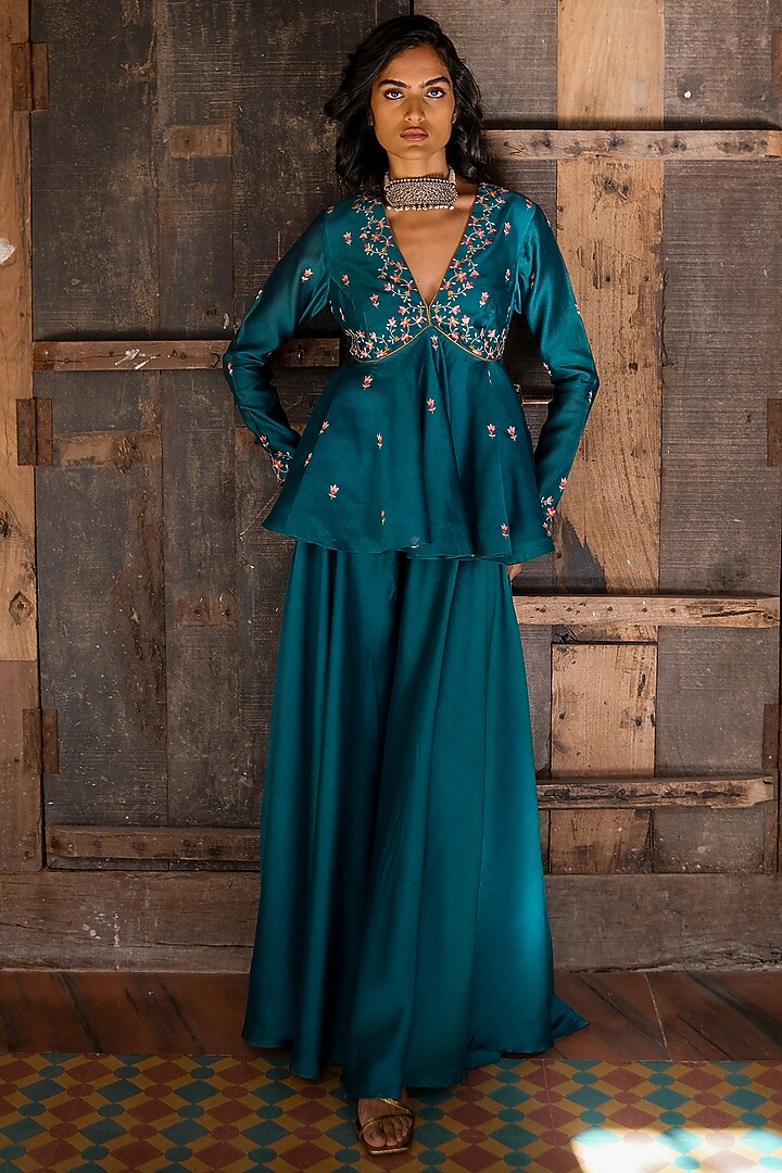 Teal Silk Chanderi Wedding Sharara Set by Shikha Mehta at Pernia's Pop Up Shop