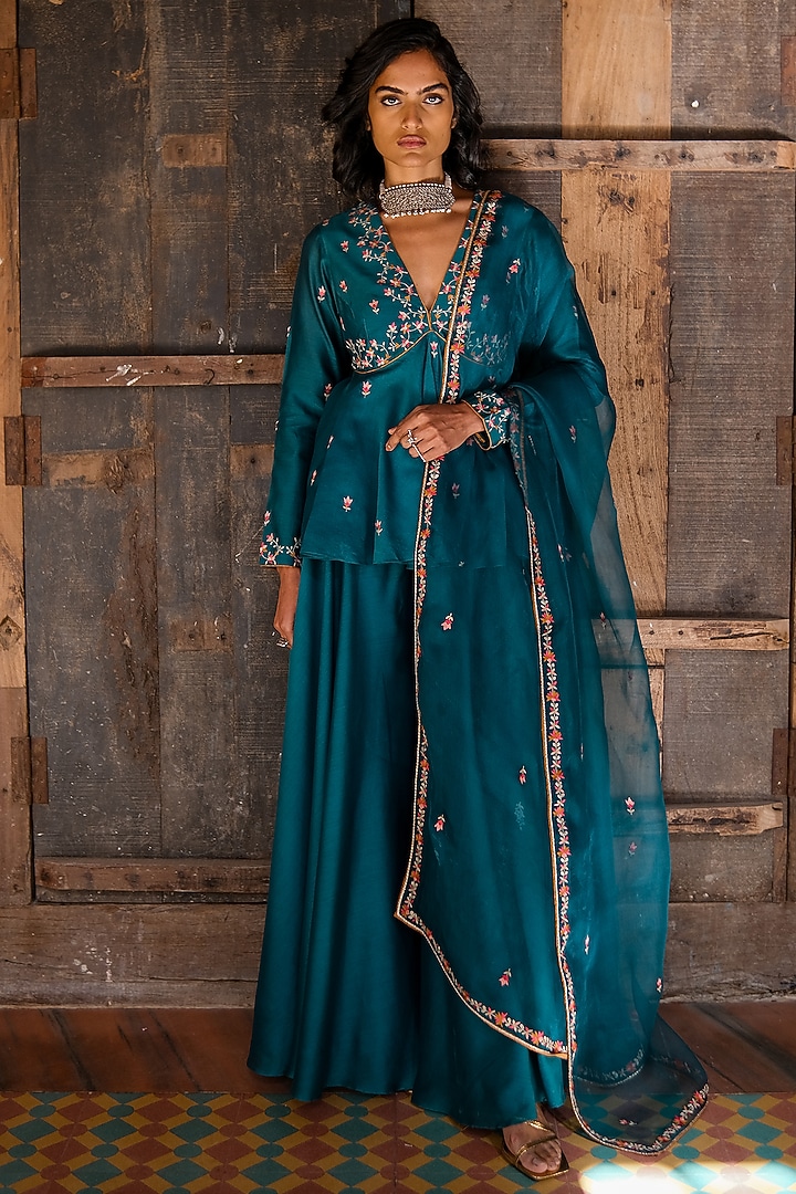 Teal Silk Chanderi Wedding Sharara Set by Shikha Mehta at Pernia's Pop Up Shop