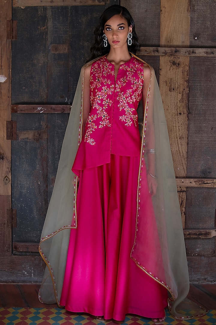 Fuschia Embroidered Jacket Set by Shikha Mehta