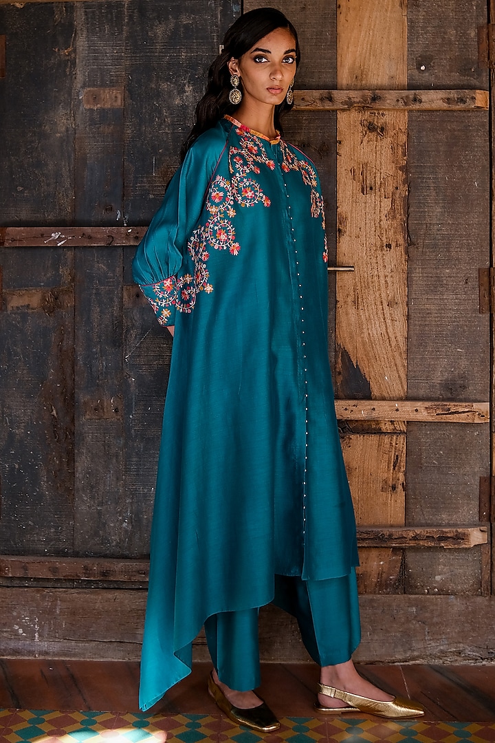 Teal Embroidered Tunic Set by Shikha Mehta