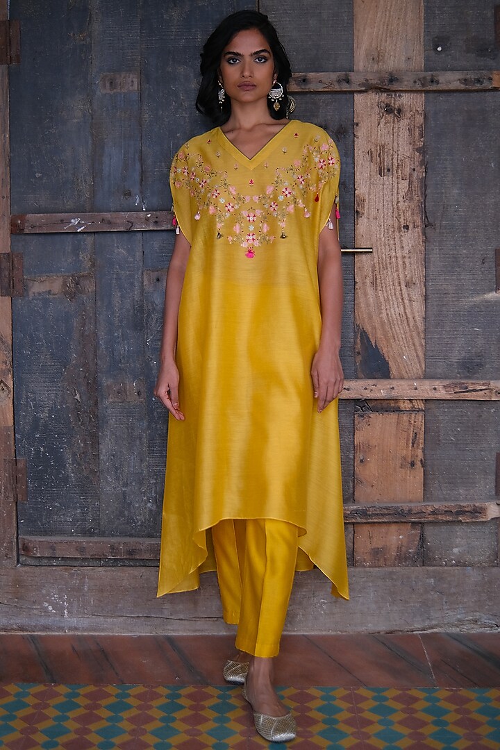 Yellow Embroidered Kaftan Set by Shikha Mehta