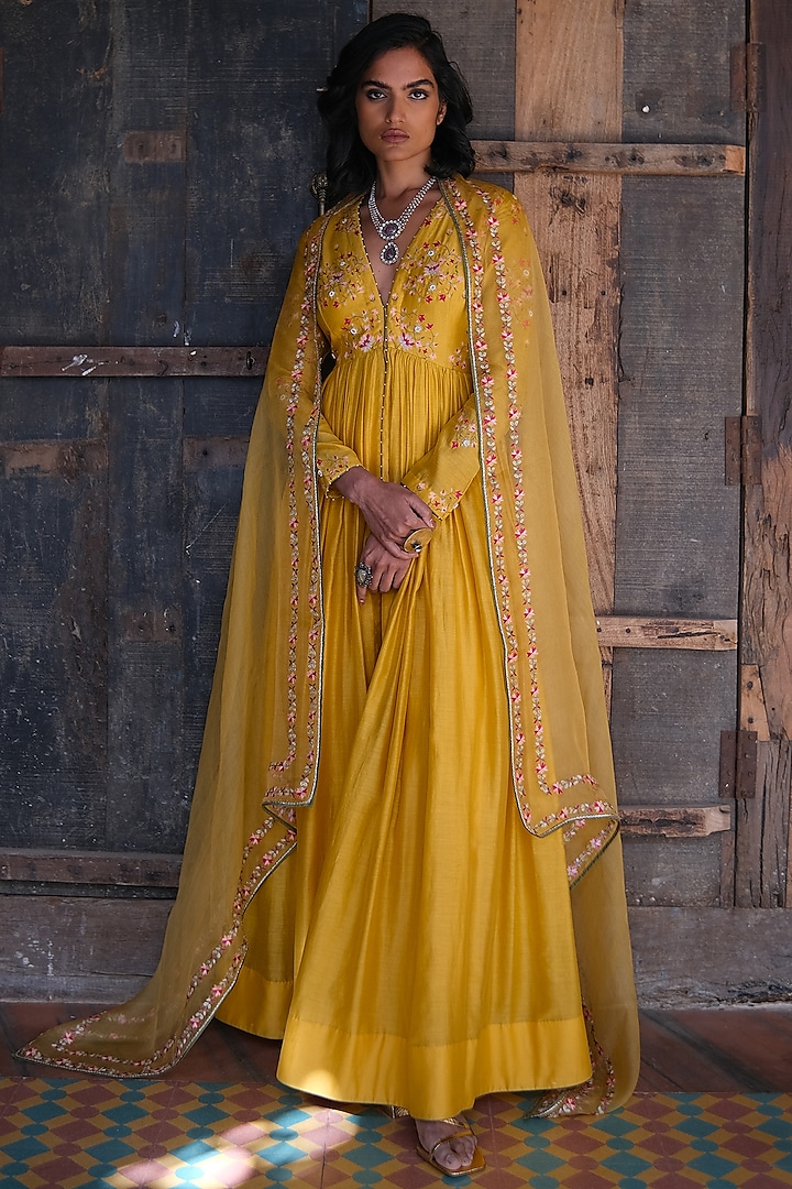 Yellow Embroidered Pleated Anarkali Set by Shikha Mehta
