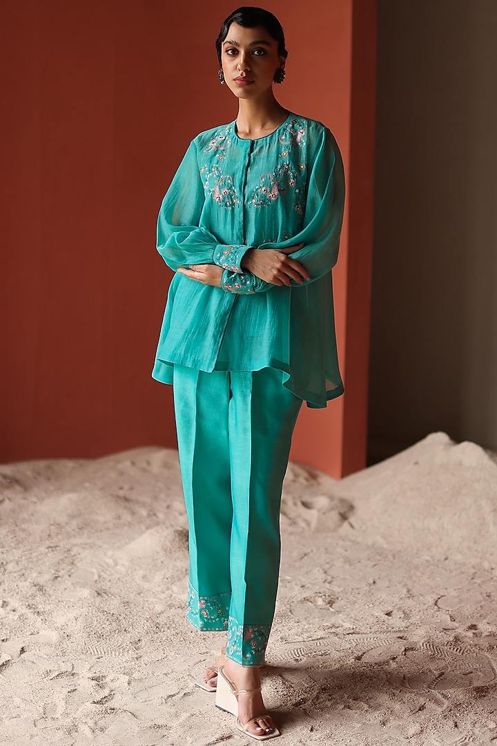 Turquoise Silk Chanderi Thread Embroidered Co-Ord Set by Shikha Mehta