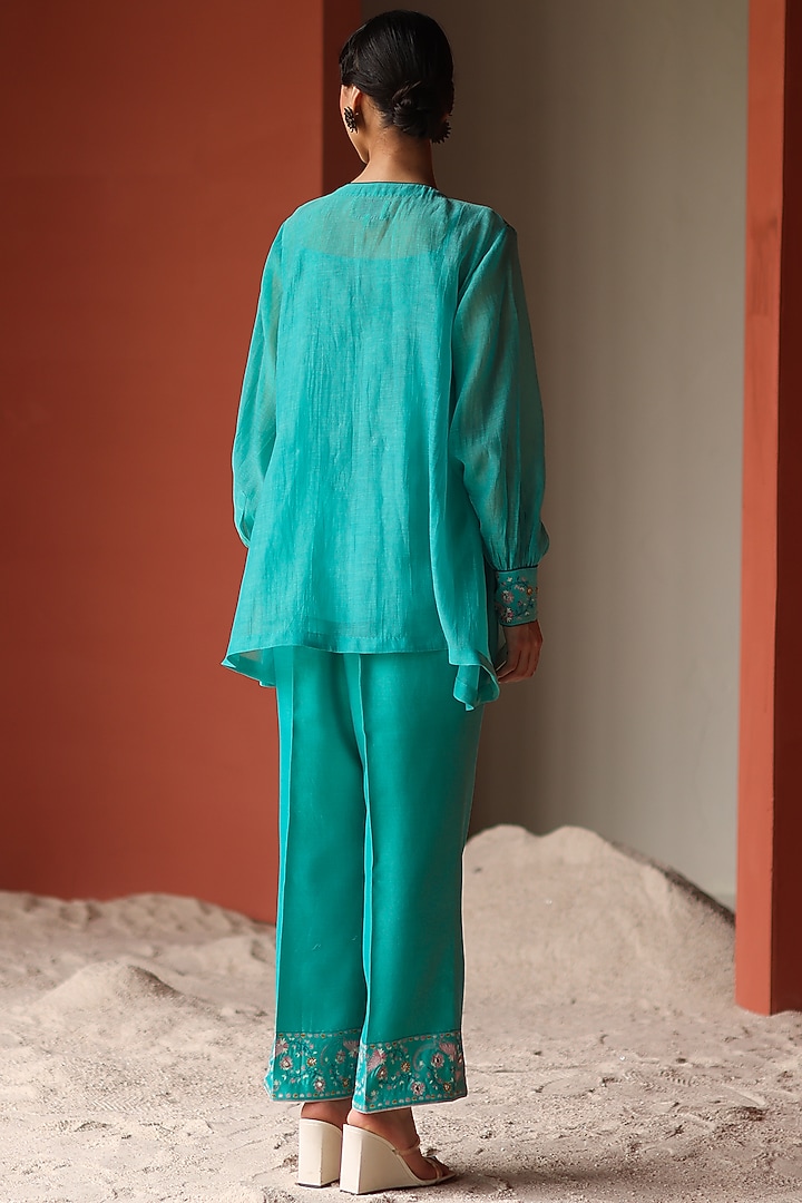 Turquoise Silk Chanderi Thread Embroidered Co-Ord Set by Shikha Mehta at Pernia's Pop Up Shop