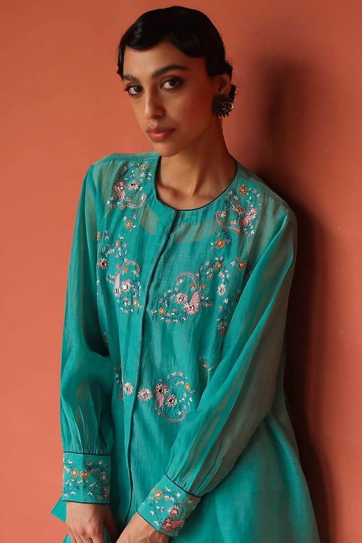 Turquoise Silk Chanderi Thread Embroidered Co-Ord Set by Shikha Mehta at Pernia's Pop Up Shop