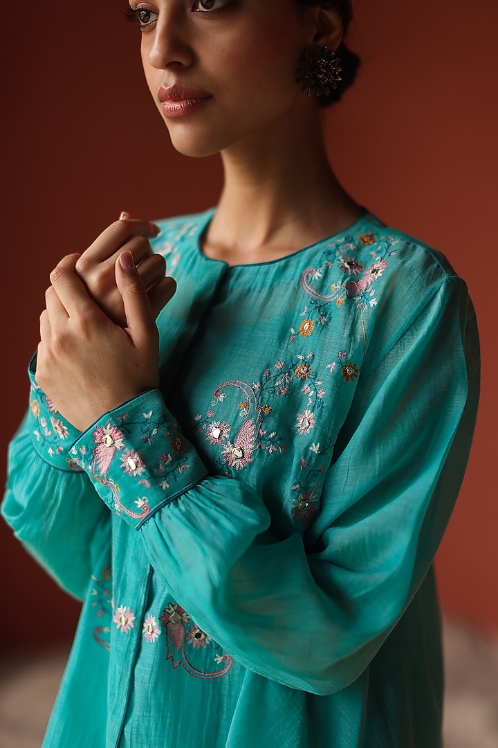 Turquoise Silk Chanderi Thread Embroidered Co-Ord Set by Shikha Mehta at Pernia's Pop Up Shop