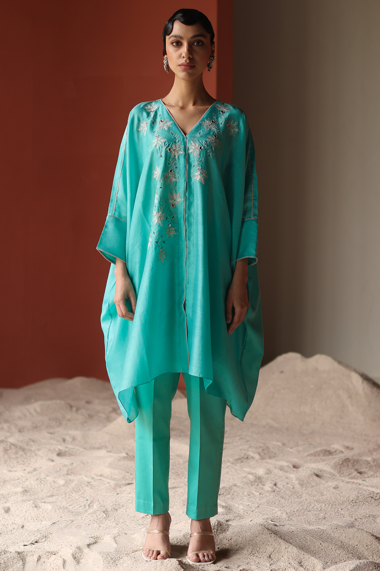Turquoise Silk Chanderi Thread Embroidered Tunic Set by Shikha Mehta at Pernia's Pop Up Shop