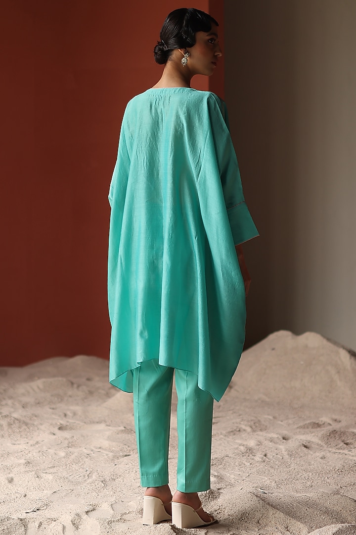 Turquoise Silk Chanderi Thread Embroidered Tunic Set by Shikha Mehta at Pernia's Pop Up Shop