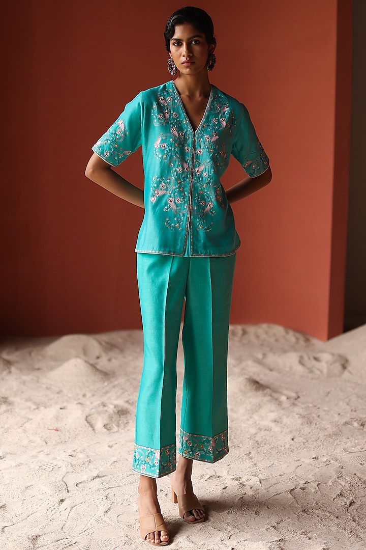 Turquoise Silk Chanderi Thread Embroidered Co-Ord Set by Shikha Mehta