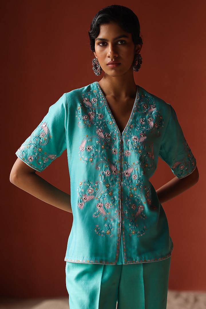 Turquoise Silk Chanderi Thread Embroidered Co-Ord Set by Shikha Mehta at Pernia's Pop Up Shop