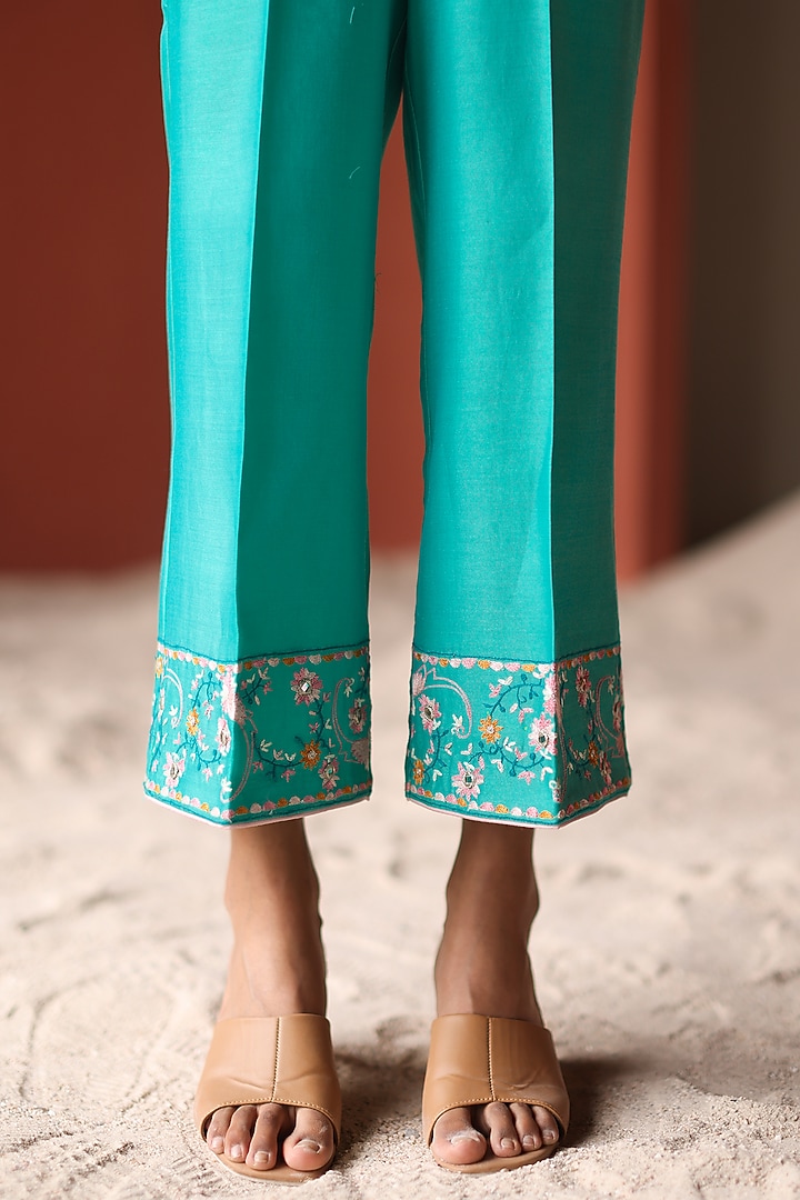 Turquoise Silk Chanderi Thread Embroidered Co-Ord Set by Shikha Mehta at Pernia's Pop Up Shop