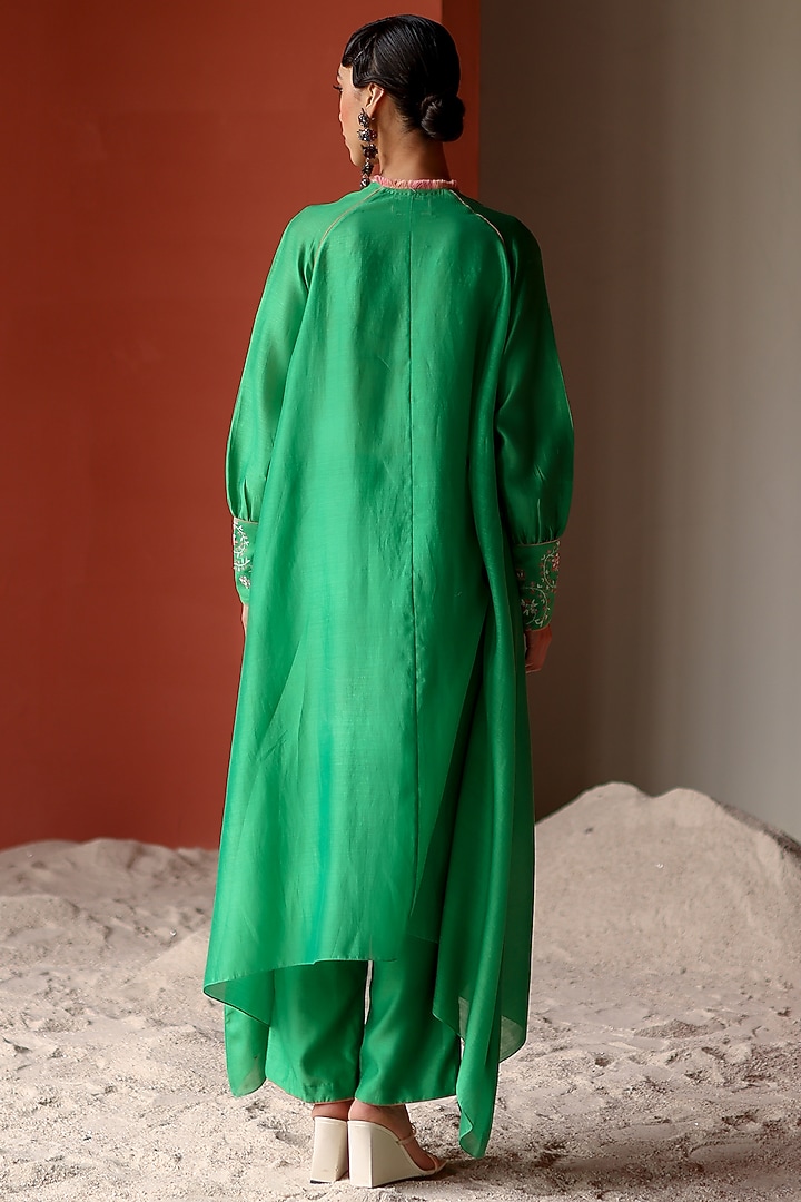 Green Silk Chanderi Thread Embroidered Tunic Set by Shikha Mehta at Pernia's Pop Up Shop