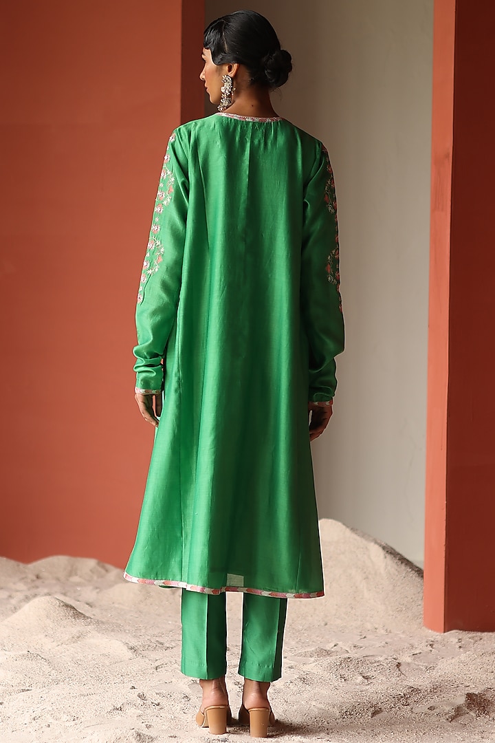 Green Silk Chanderi Thread Embroidered Flared Kurta Set by Shikha Mehta at Pernia's Pop Up Shop