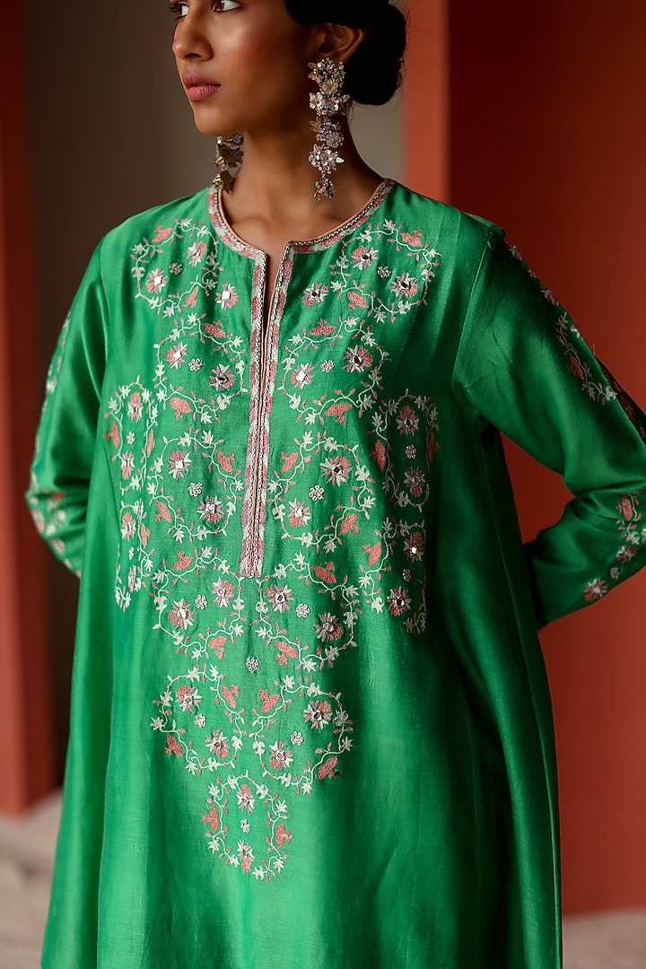 Green Silk Chanderi Thread Embroidered Flared Kurta Set by Shikha Mehta at Pernia's Pop Up Shop