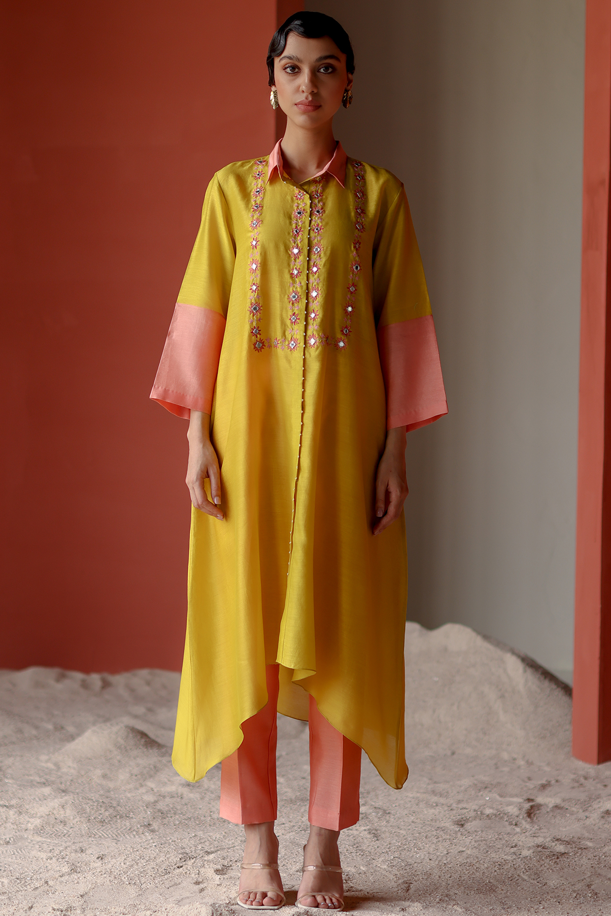 Lime Silk Chanderi Mirror Embroidered Tunic Set by Shikha Mehta at Pernia's Pop Up Shop