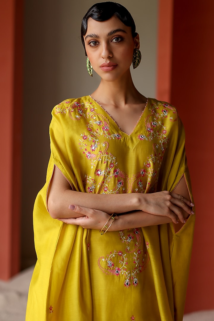 Lime Silk Chanderi Mirror Embroidered Kaftan Set by Shikha Mehta at Pernia's Pop Up Shop