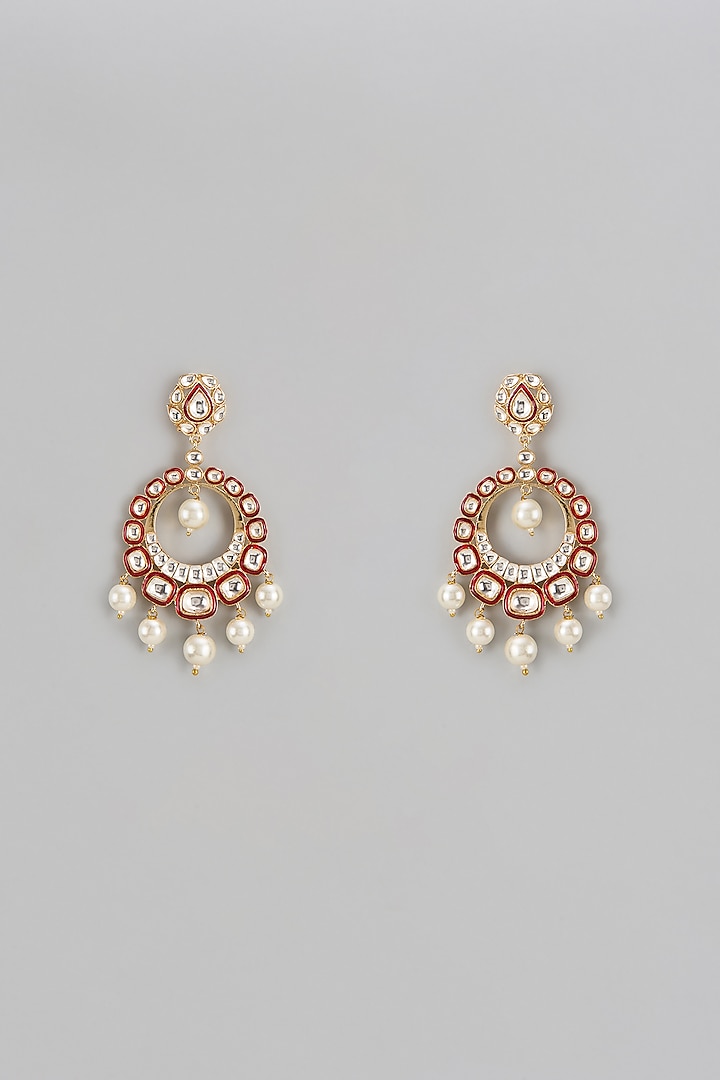 Gold Finish Kundan Polki & Pearl Enamelled Chandbaali Earrings by Shhimmerz jewellery