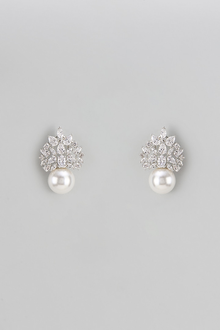White Finish Zircon & Pearl Stud Earrings by Shhimmerz jewellery
