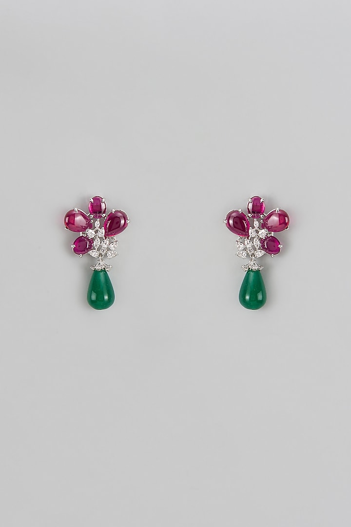 White Finish Zircon & Green Drop Stud Earrings by Shhimmerz jewellery