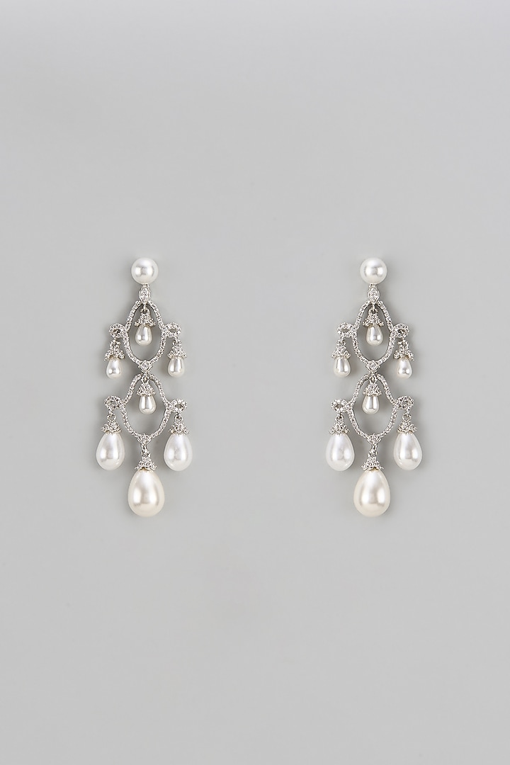 White Finish Zircon & Pearl Dangler Earrings by Shhimmerz jewellery