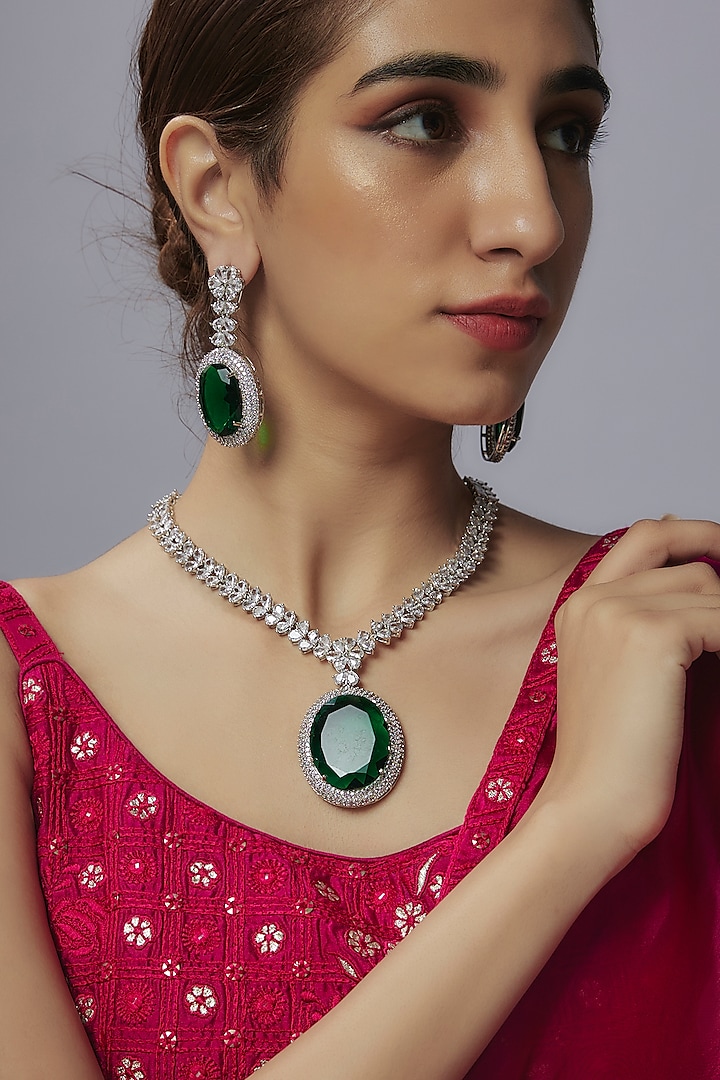 White Finish Emerald Stone & Zircon Long Pendant Necklace Set by Shhimmerz jewellery