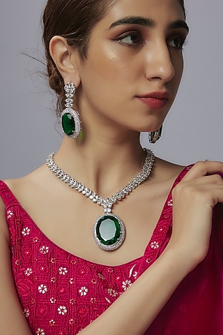 White Finish Emerald Stone & Zircon Long Pendant Necklace Set by Shhimmerz jewellery