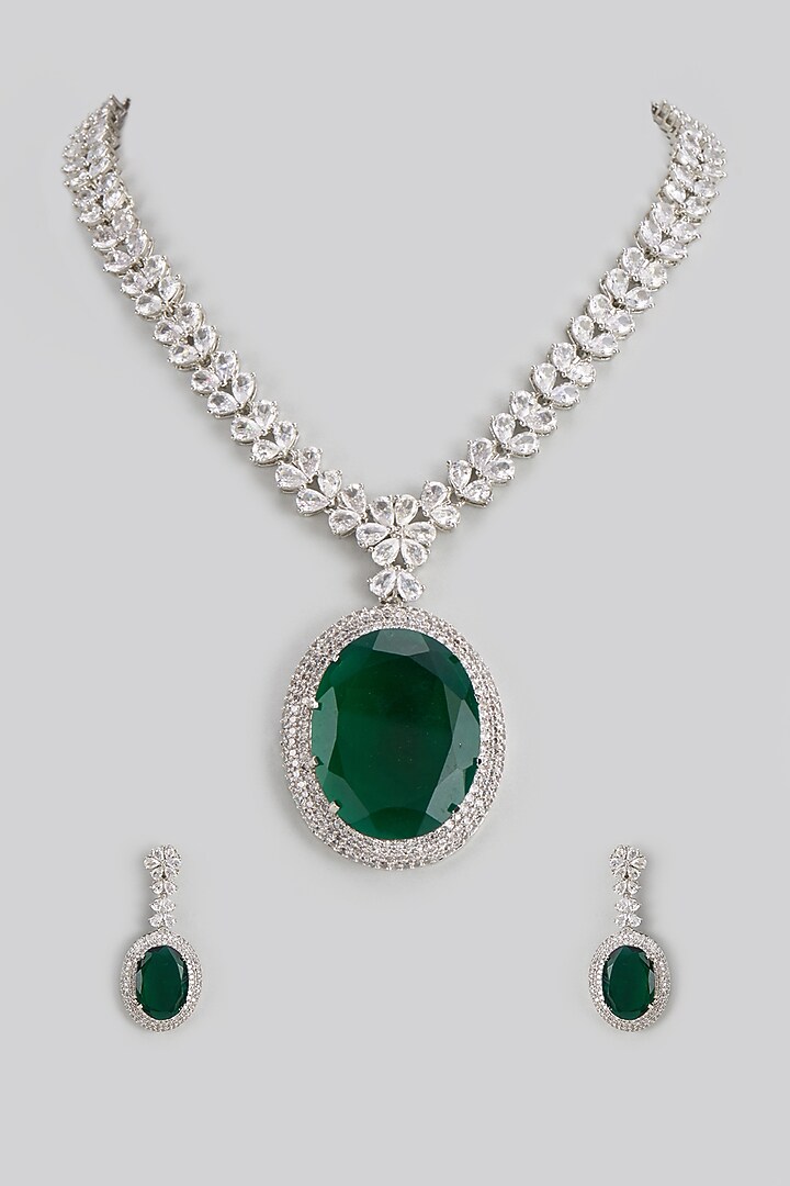 White Finish Emerald Stone & Zircon Long Pendant Necklace Set by Shhimmerz jewellery at Pernia's Pop Up Shop