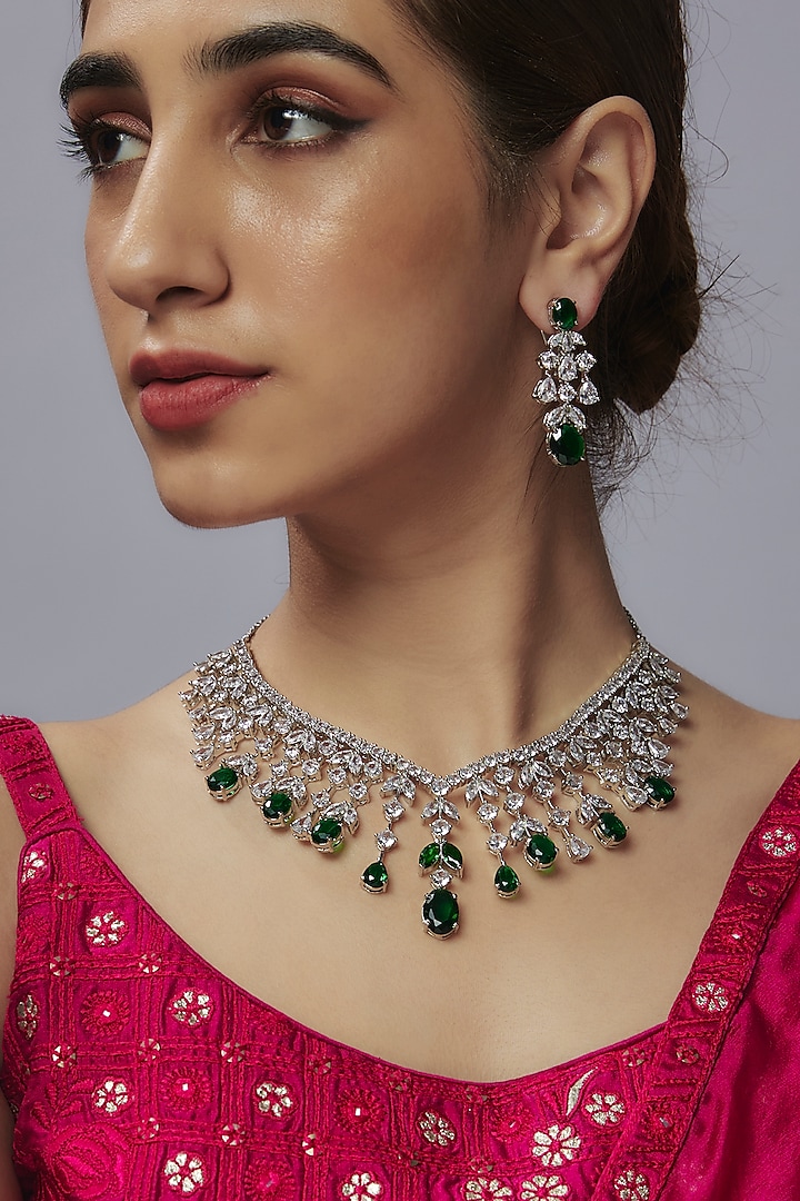 White Finish Emerald Stone & Zircon Necklace Set by Shhimmerz jewellery