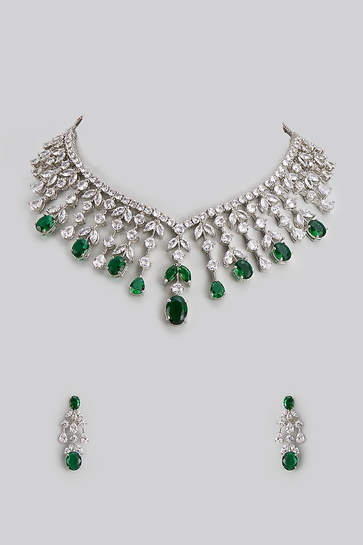 White Finish Emerald Stone & Zircon Necklace Set by Shhimmerz jewellery at Pernia's Pop Up Shop